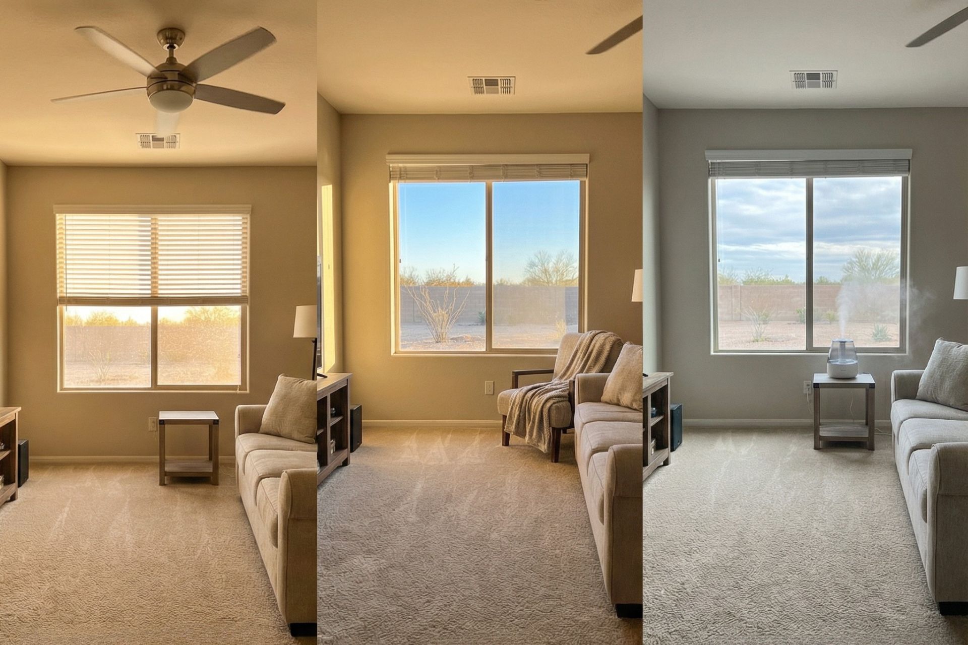 Before and after comparison showing the same room with beige carpet under different lighting conditions - warm yellow-toned lighting on the left and middle, and cool neutral lighting on the right - featuring armchair, side table, ceiling fan, and desert landscape visible through windows.