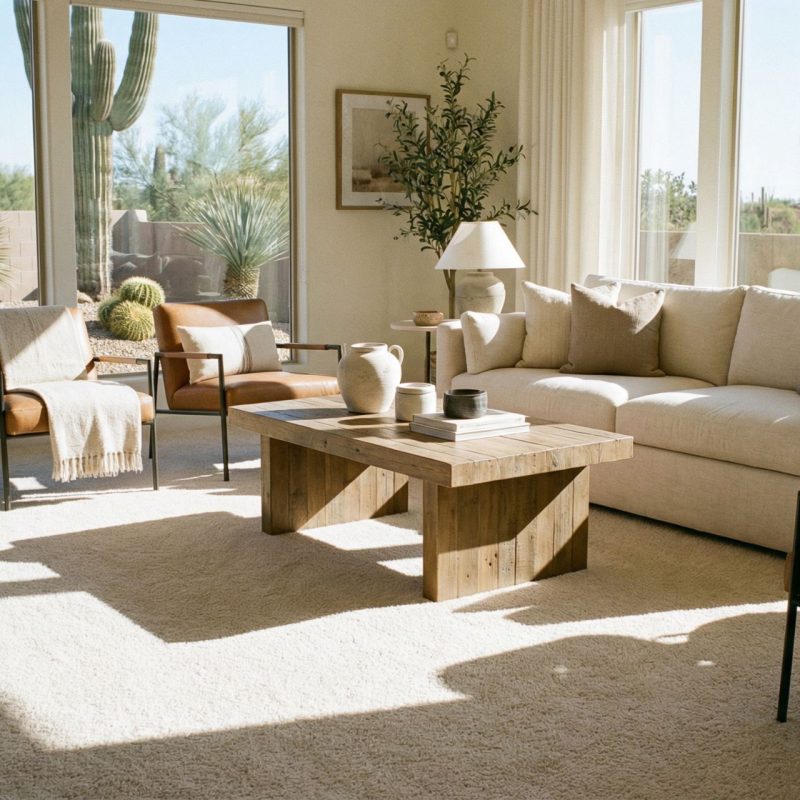 Bright, modern desert living room with clean beige carpet, neutral-toned furniture including sectional sofa and accent chairs, rustic wood coffee table, and large windows showcasing Sonoran desert landscape with saguaro cacti and mountain views.