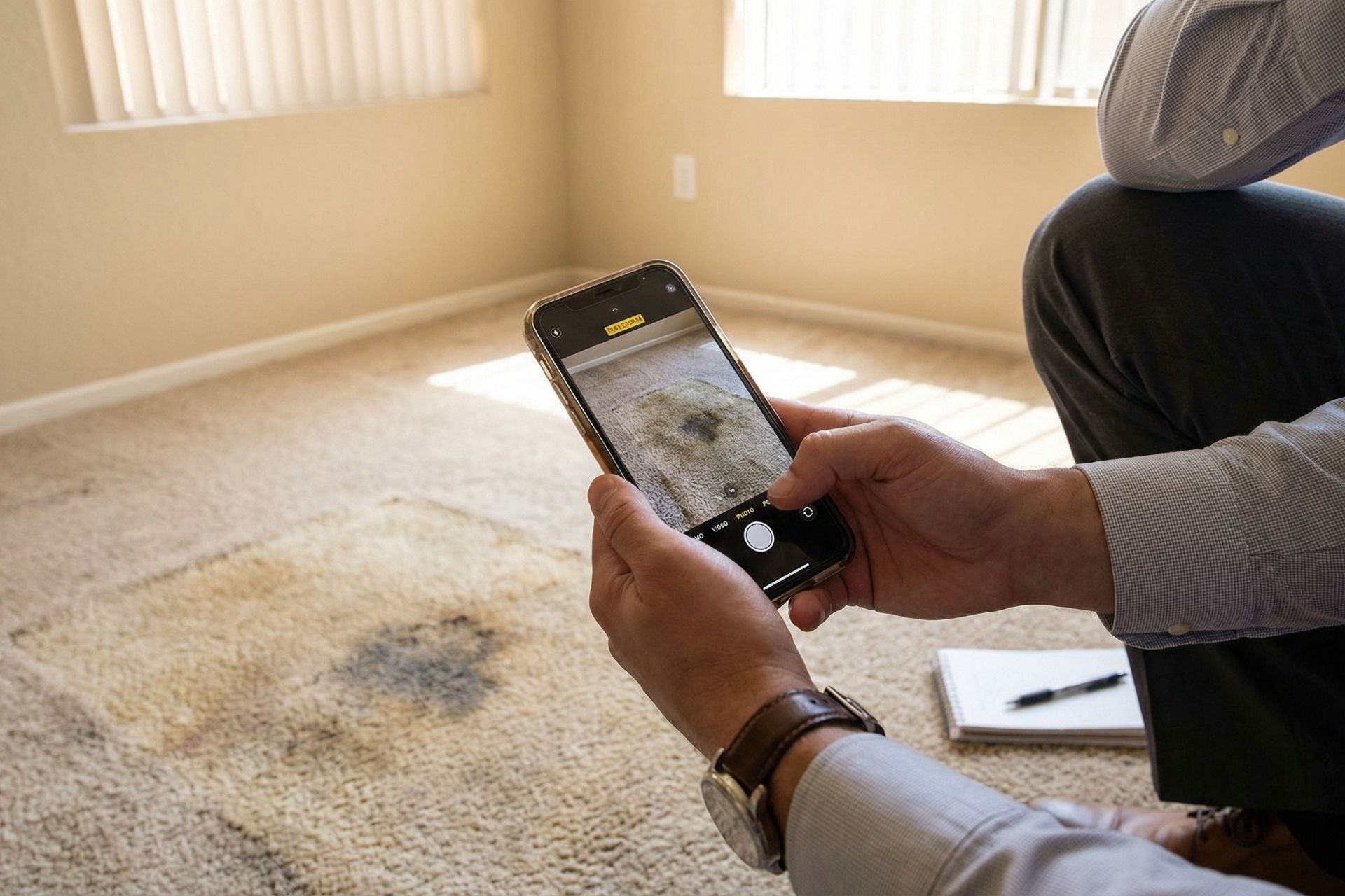 Landlord or property manager wearing watch and gray cap taking smartphone photo of dark carpet stains in empty rental unit for documentation purposes, with clipboard visible on floor and bright windows in background.