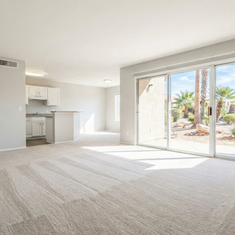 Empty, freshly cleaned rental property interior with light beige carpet showing professional cleaning results, white walls, white kitchen visible in background, large sliding glass doors opening to desert backyard with palm trees and xeriscaping, bright natural lighting.