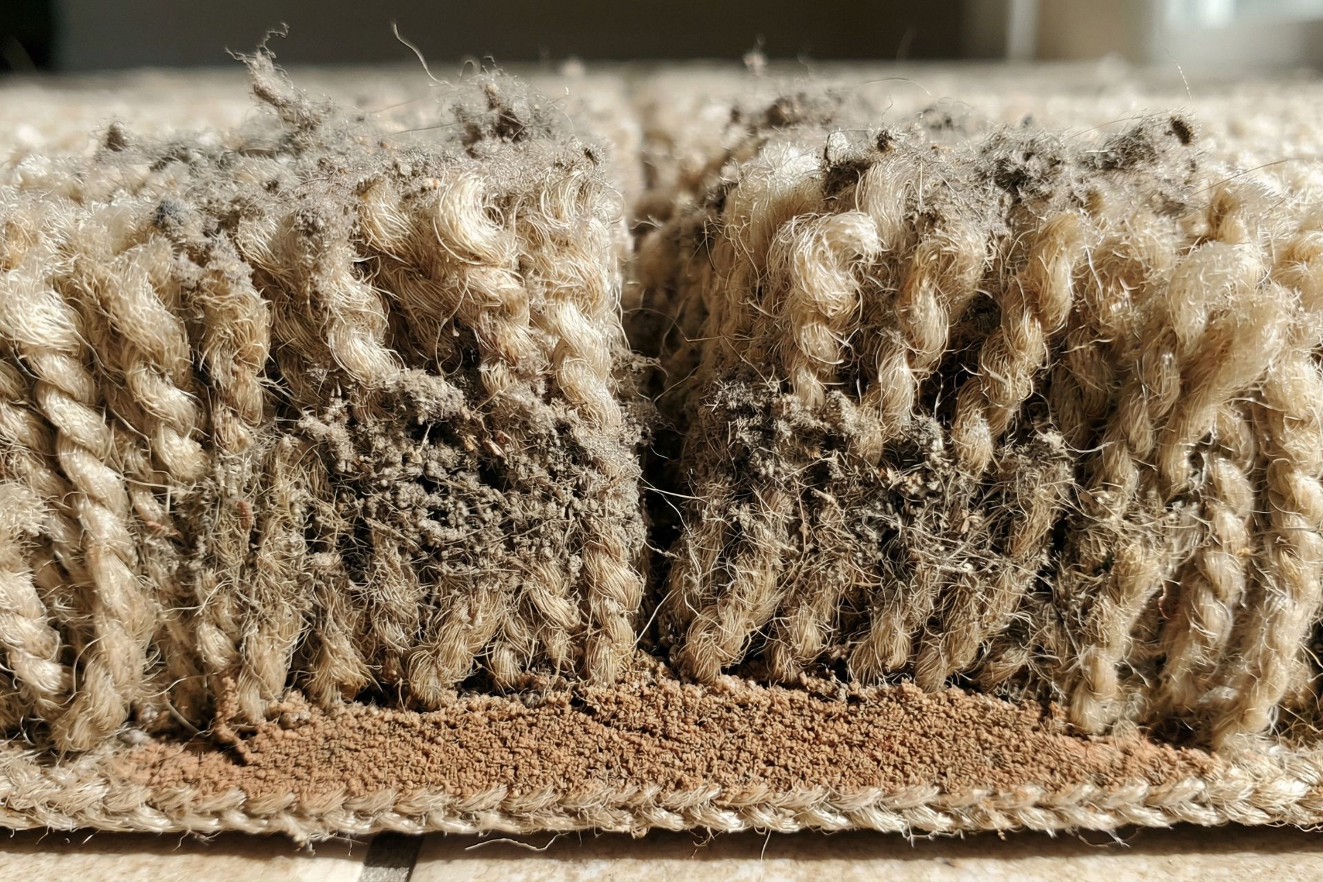 Extreme close-up macro view of dirty carpet fibers showing beige and brown woven textile texture with accumulated dust, dirt, and debris trapped deep within the carpet pile and backing.