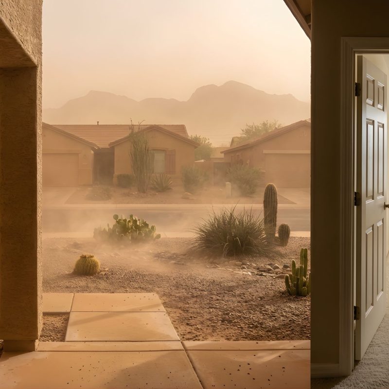 View from inside a home's open front door during a desert dust storm, showing a residential neighborhood with parked car in covered driveway, desert landscaping with cacti and succulents, mountains in the background, and heavy dust blowing through the street.