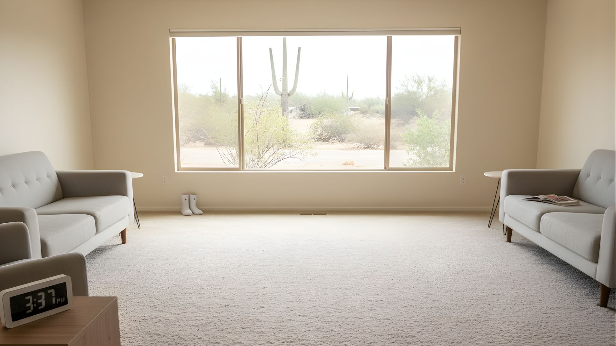 Minimalist Phoenix living room with clean, plush carpet, two gray sofas along opposite walls, ceiling fan on, and a large window overlooking desert cacti, with white sneakers and a digital clock near the camera.