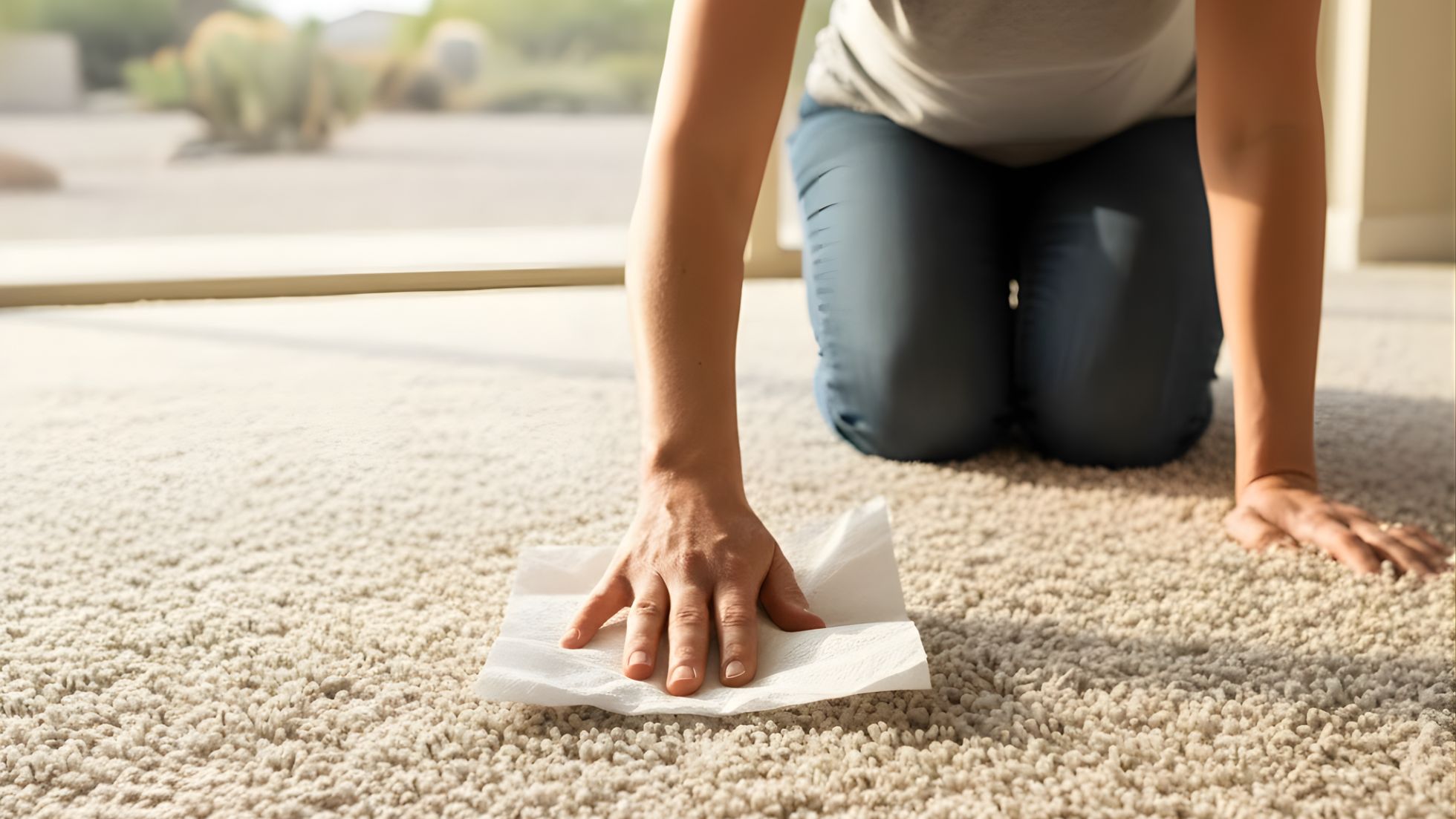 Woman in jeans and a gray T-shirt kneeling on plush beige carpet, blotting a spot with a white cloth in a sunlit room overlooking desert cacti through floor-to-ceiling windows.