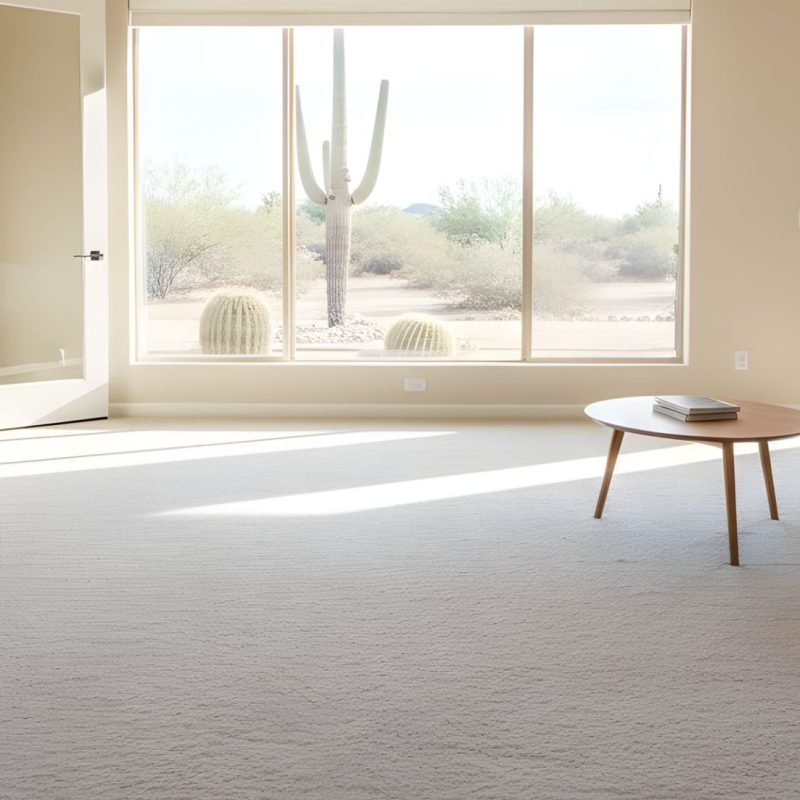 Freshly cleaned carpet in a sunlit Phoenix living room with portable fans positioned on the floor and a ceiling fan running to speed up drying, while glass doors stand open to the desert outside.