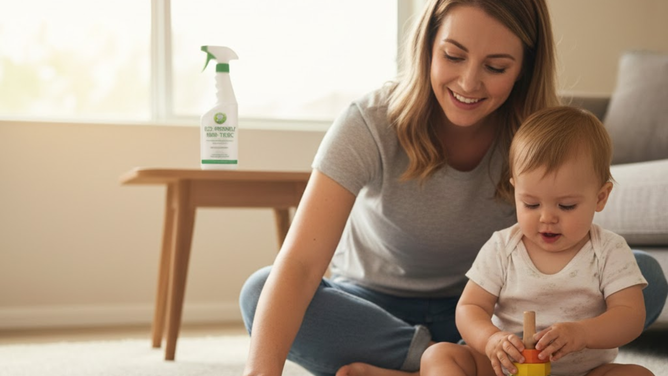 Mother and toddler sitting barefoot on freshly cleaned beige carpet in a Phoenix living room, child playing with a rainbow stacker toy while a non-toxic carpet spray bottle sits on a nearby table.