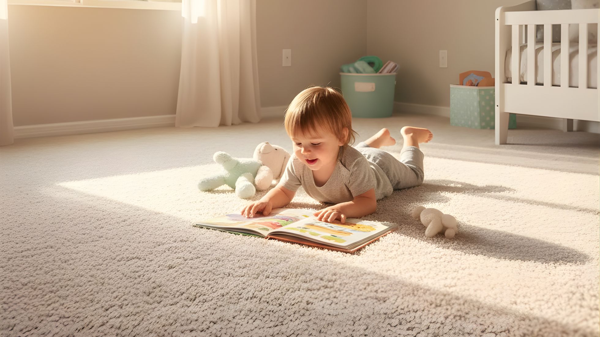Toddler lying on freshly cleaned, light-colored carpet in a Phoenix nursery, reading a picture book beside stuffed animals, with warm sunlight streaming through a window overlooking desert cacti.