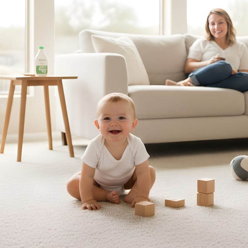 Baby sitting on freshly cleaned beige carpet in a sunlit Phoenix living room, playing with wooden blocks while a parent watches from a sofa in front of tall windows overlooking desert cacti.