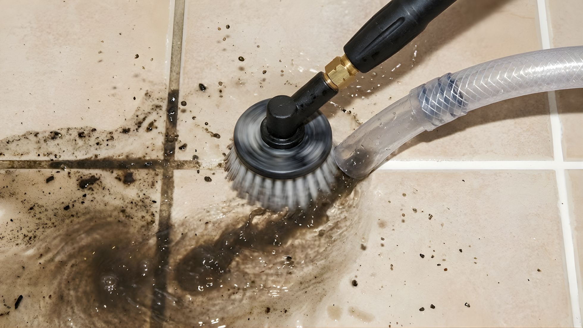 Spinning brush head with water jets agitates dark stains on ceramic tile corners and grout lines, ejecting debris mid-clean.