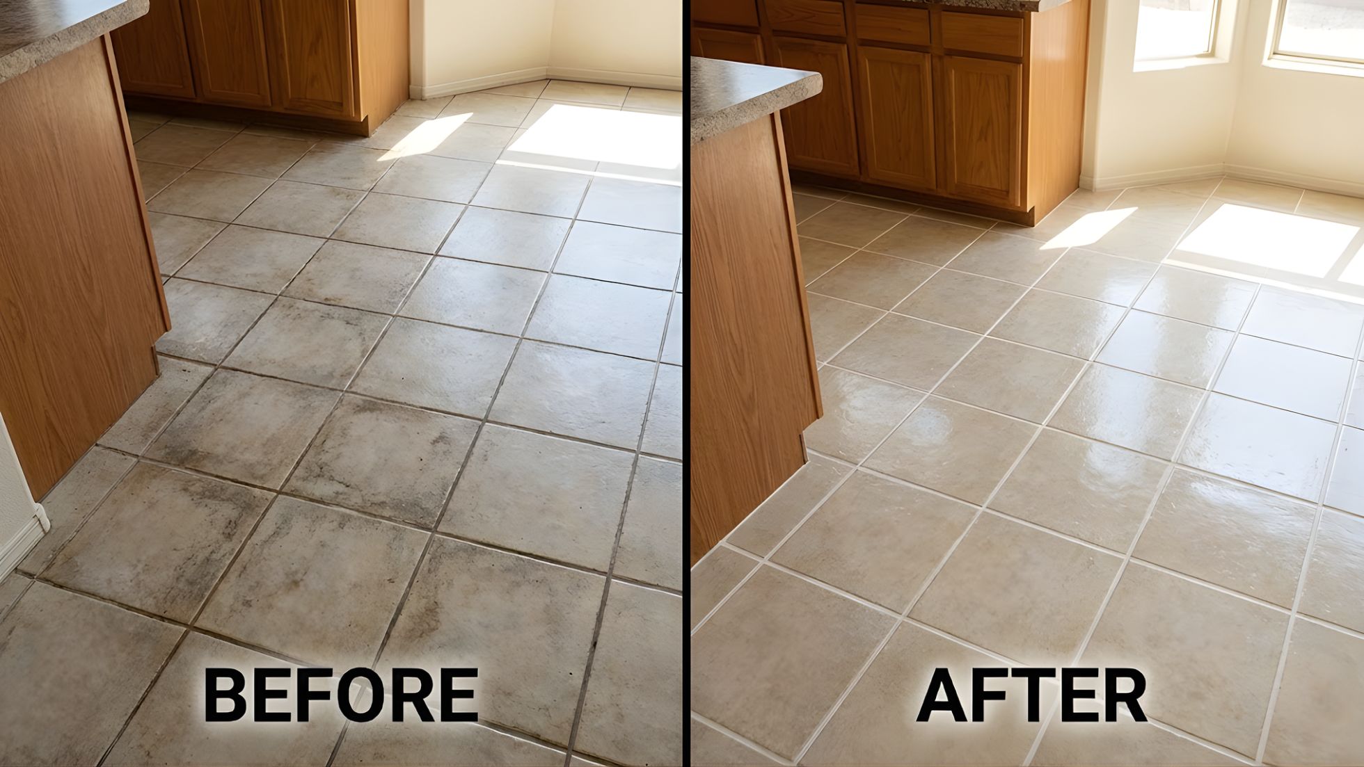 Before-after tile restoration: stained ceramic floor transformed through steam cleaning, grout scrubbing, and sealing in Arizona home.