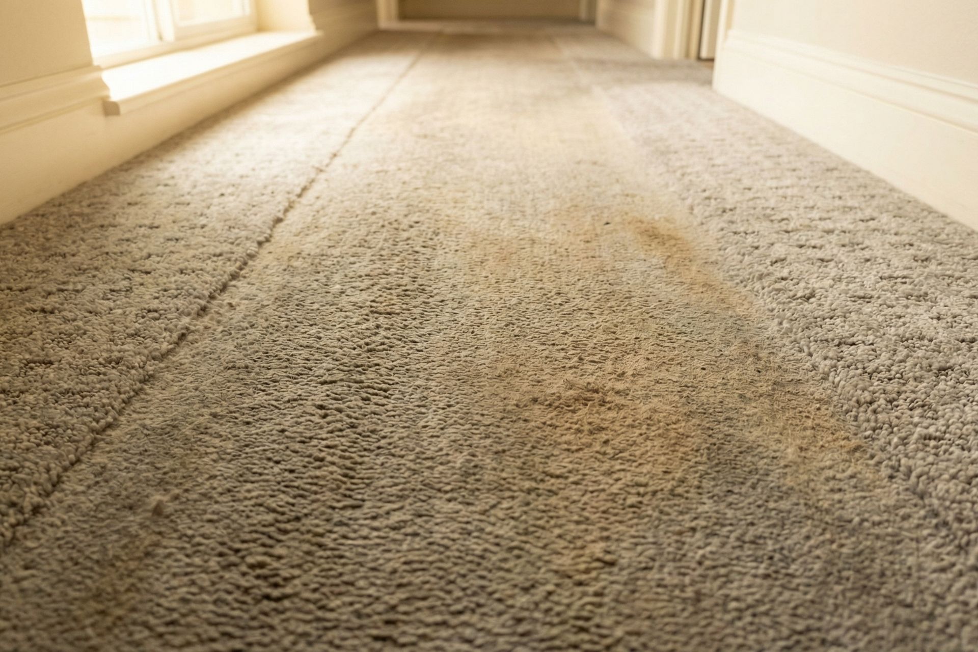 Close-up ground-level view of heavily soiled beige carpet in an empty room showing visible dirt traffic patterns, worn high-traffic areas with darker discoloration, and flattened carpet pile, with bright sunlight streaming through windows.