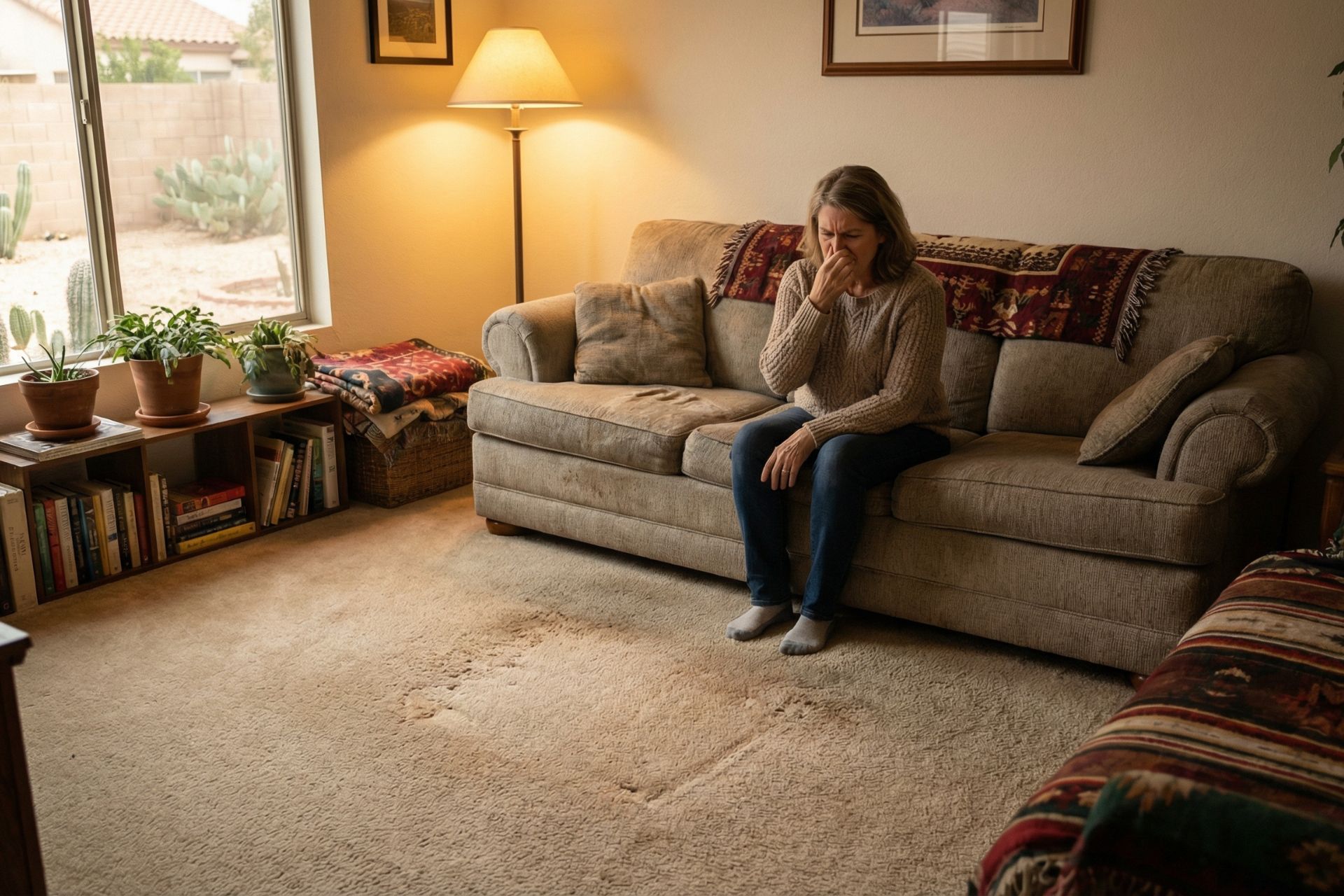 Woman sitting on gray couch in living room covering her nose and mouth appearing to react to poor air quality, with beige carpet visible in the foreground, decorative throw pillows, floor lamp, potted plants by window, and desert landscape visible outside.