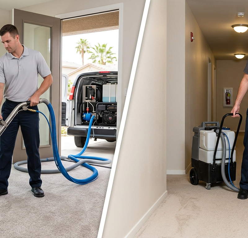 Professional carpet cleaning service with truck-mounted and portable equipment in home and apartment hallway