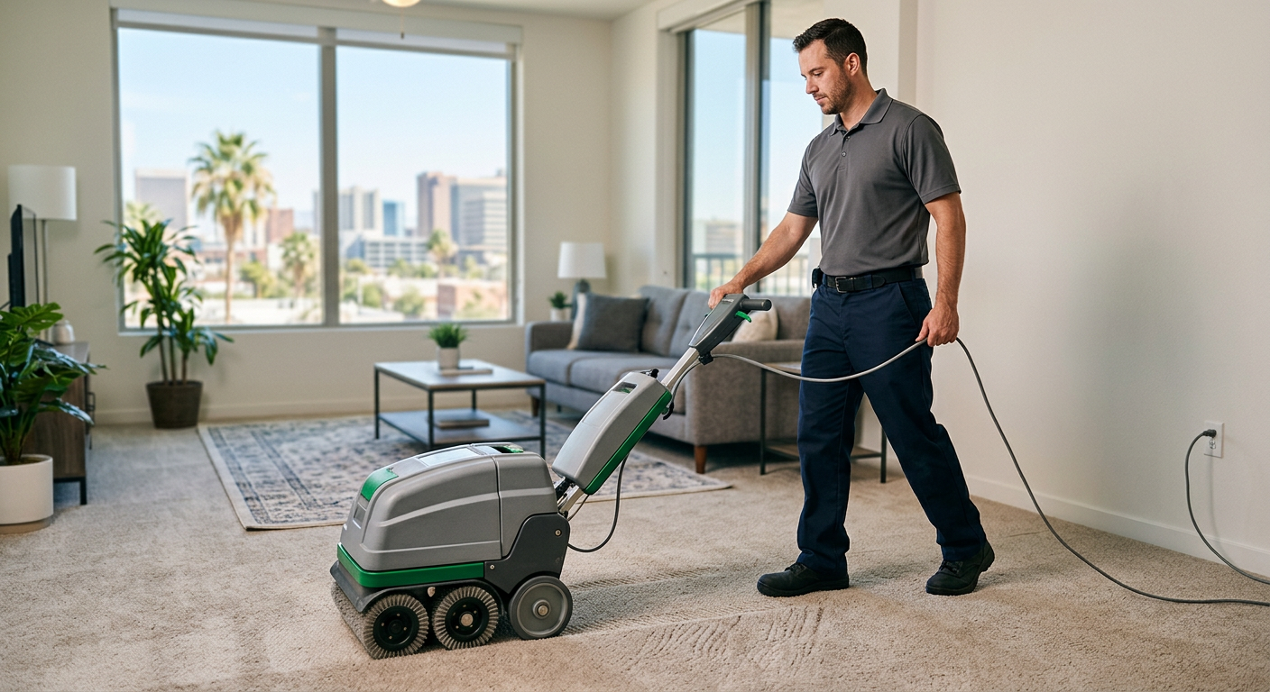 Professional carpet cleaning technician using a Counter-Rotating Brush machine in a Phoenix apartment