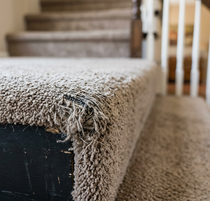 Close-up of frayed carpet on home staircase tread edge, showing wear and need for repair or replacement.
