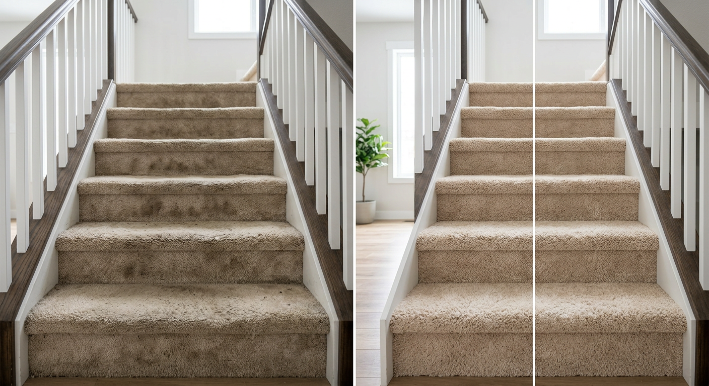 Before and after comparison of matted carpet on stairs being fluffed and cleaned