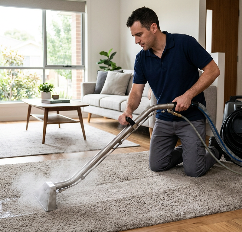 Professional steam carpet cleaning in living room: technician using hot-water extraction machine for deep clean