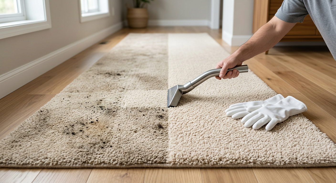 Comparison showing a clean carpet segment next to a dirty segment highlighting the effectiveness of professional cleaning