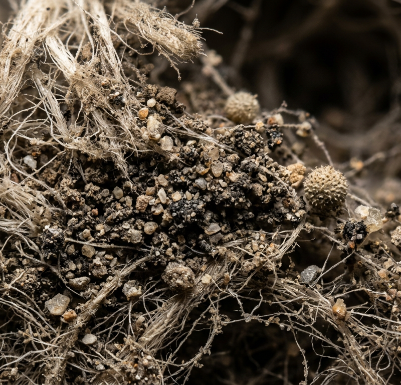 Macro photo of soil microbiome with plant roots, mycorrhizal hyphae, spores, and gritty aggregates.