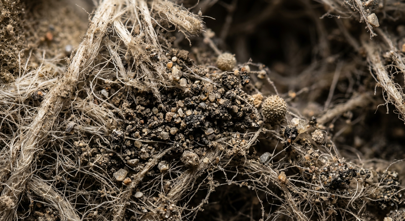 Microscopic view of desert dust and allergens trapped deep within carpet padding in a Phoenix home