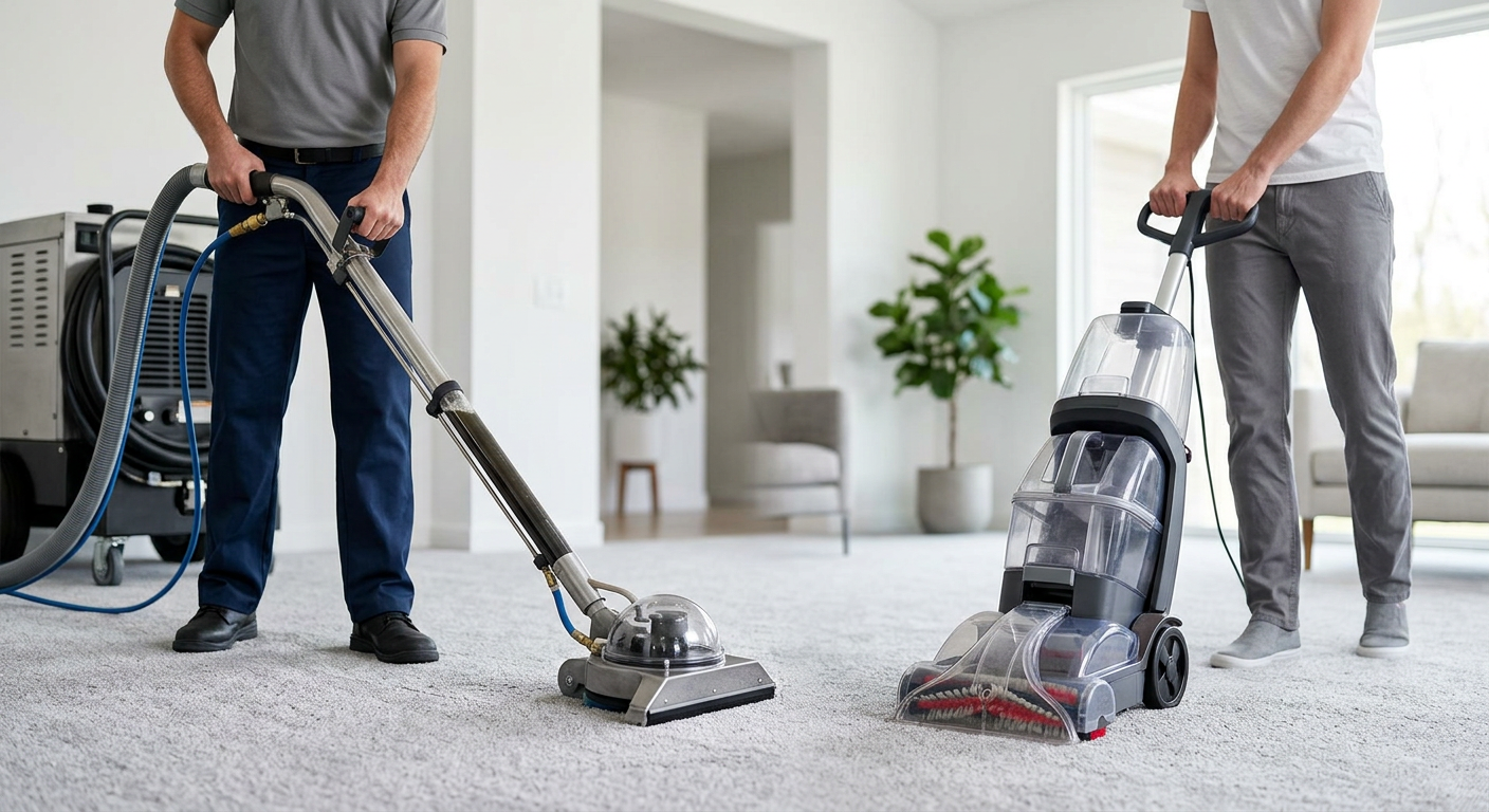 Comparison chart showing professional sub-surface carpet extraction tool versus standard DIY rental vacuum