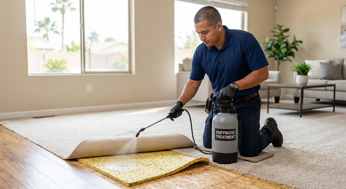 Professional carpet technician applying specialized enzymatic treatment to carpet padding in a Phoenix home