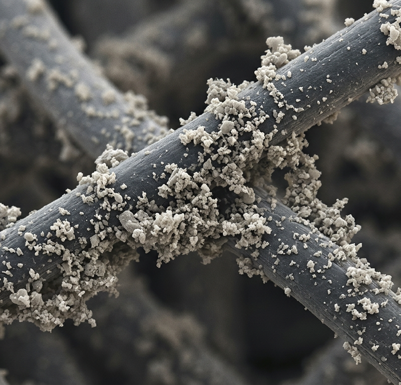 Microscopic close-up of dust granules clinging to intersecting fibers, showing filter media microstructure texture.