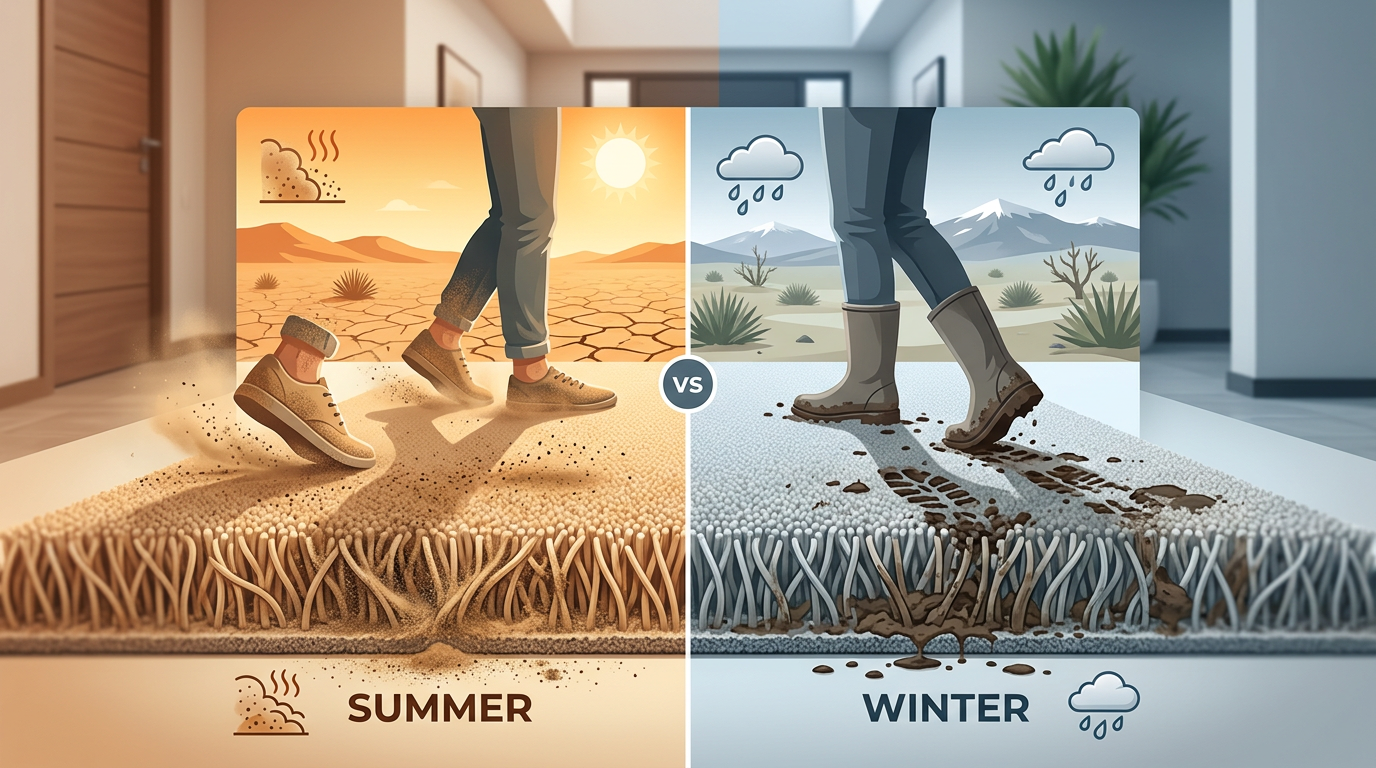 Comparison chart showing summer versus winter carpet wear and dirt accumulation in desert climates