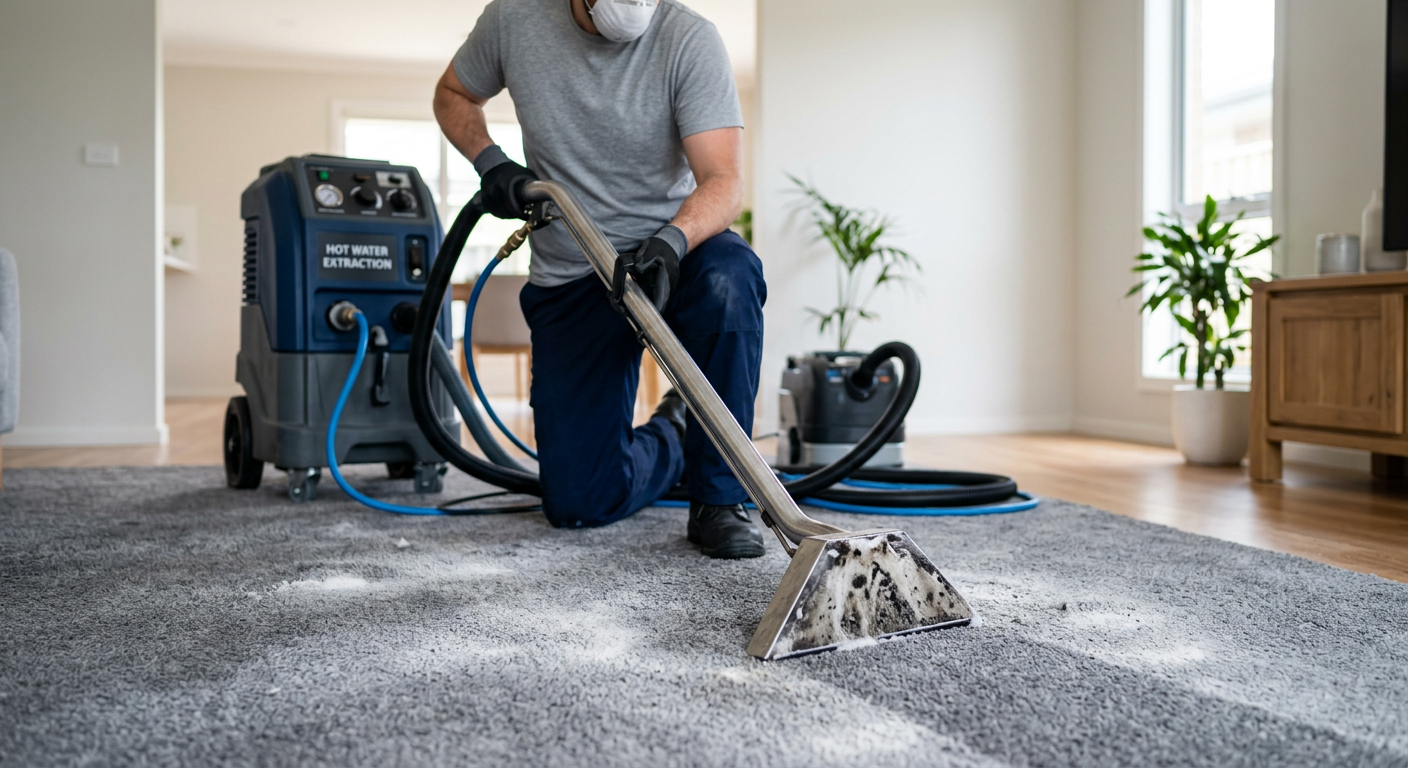 Professional hot water extraction machine removing deep embedded silica dust from a residential carpet