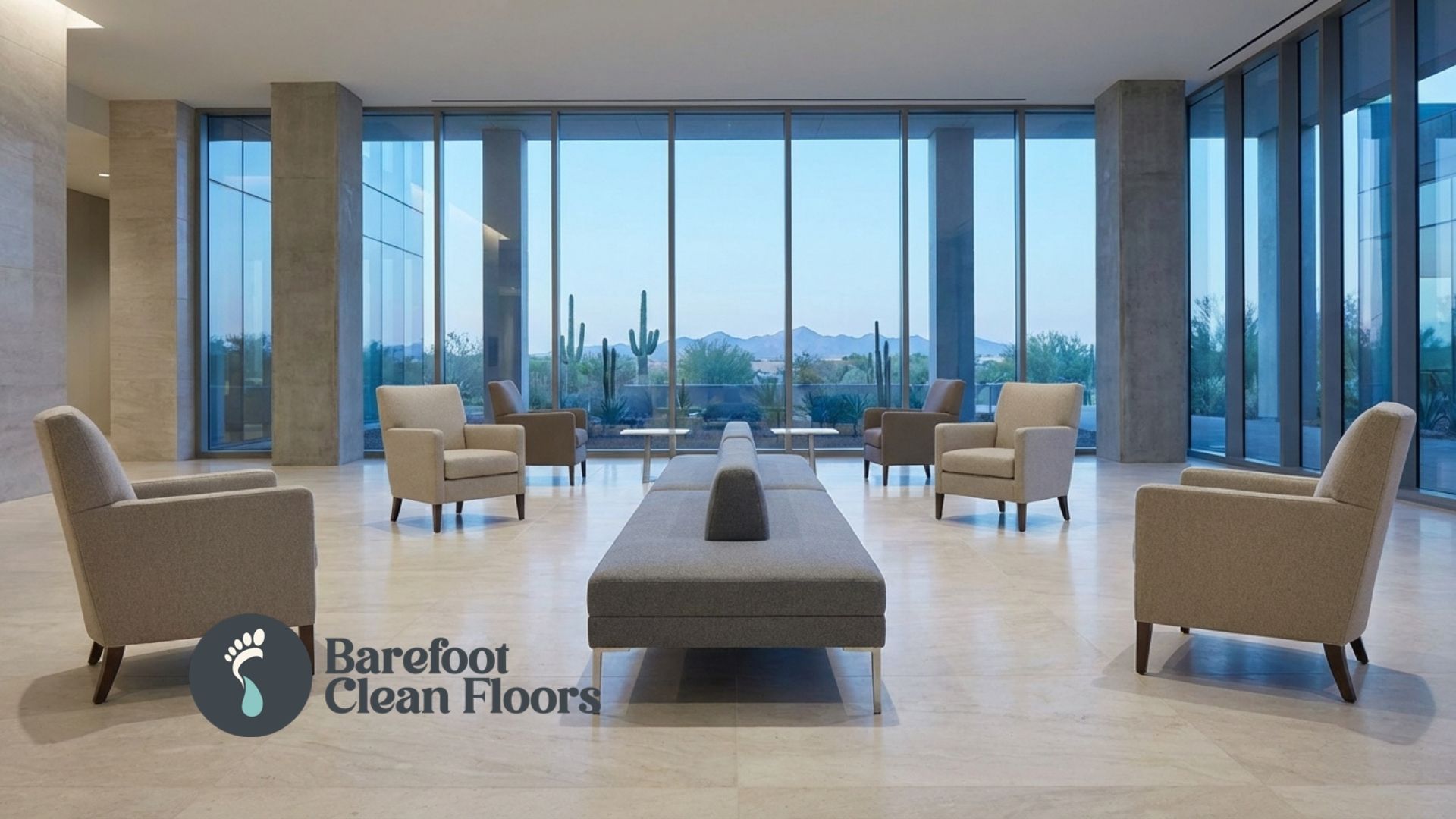 Spacious modern lobby with clean stone floors, cactus and mountain views, by Barefoot Clean Floors