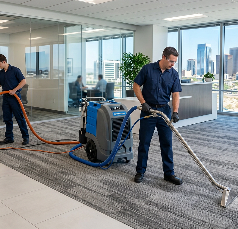 Technicians deep-clean office carpets with industrial extractor in modern workspace, commercial janitorial service