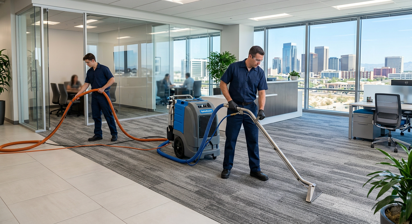 Professional technicians performing commercial carpet cleaning in a modern Phoenix office building