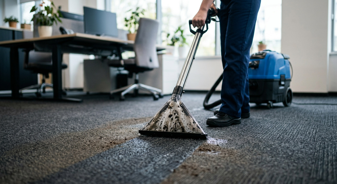Close up of a commercial carpet extractor removing deep soil from office flooring