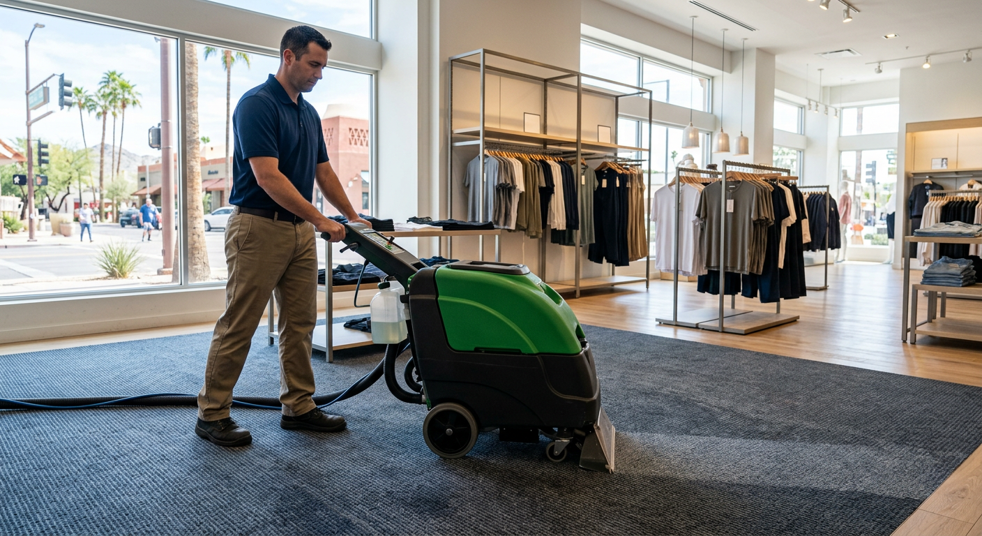 Eco-friendly commercial carpet cleaning equipment operating in a Phoenix retail space