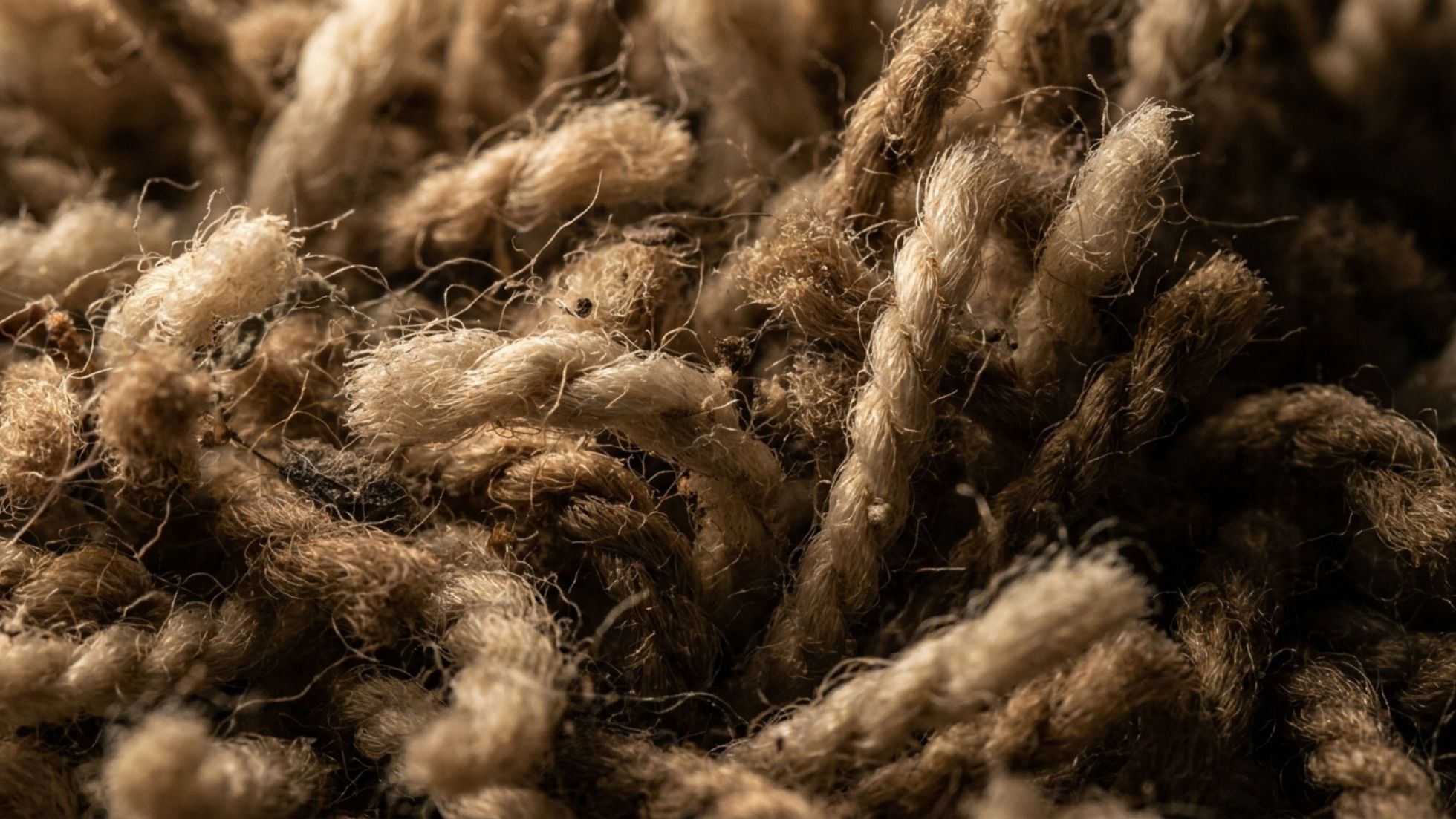 Extreme macro of rough hemp rope fibers, twisted jute twine texture in earthy brown tones.