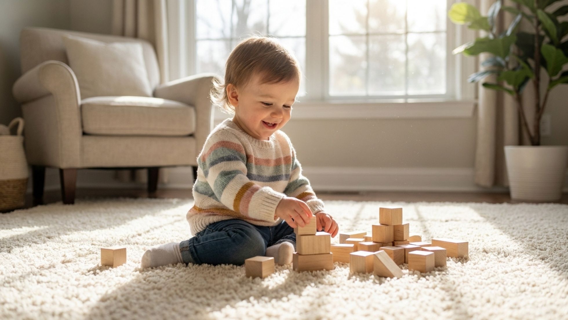 Smiling toddler playing with Montessori wooden blocks on a soft rug in a bright, sunlit living room