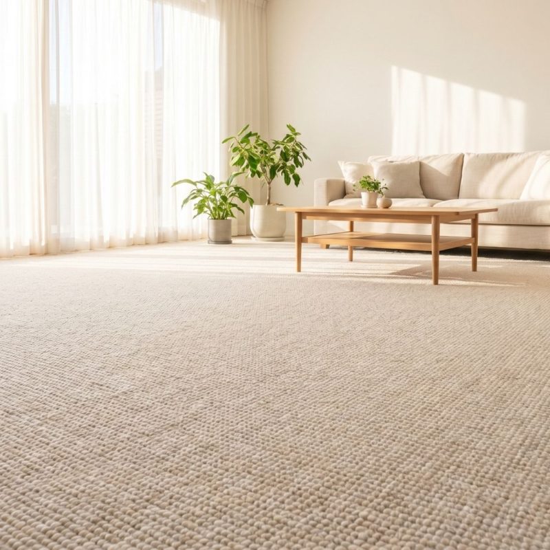 Sunlit modern living room with beige textured carpet, neutral sofa, wooden coffee table, sheer curtains and potted plants.