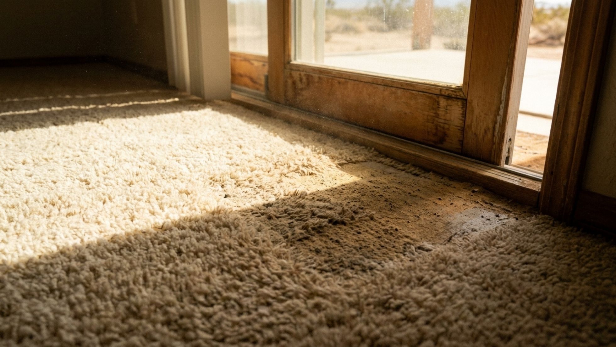 Water-damaged, moldy carpet by sliding glass door with sunlit stains and dirty wood trim in home interior.