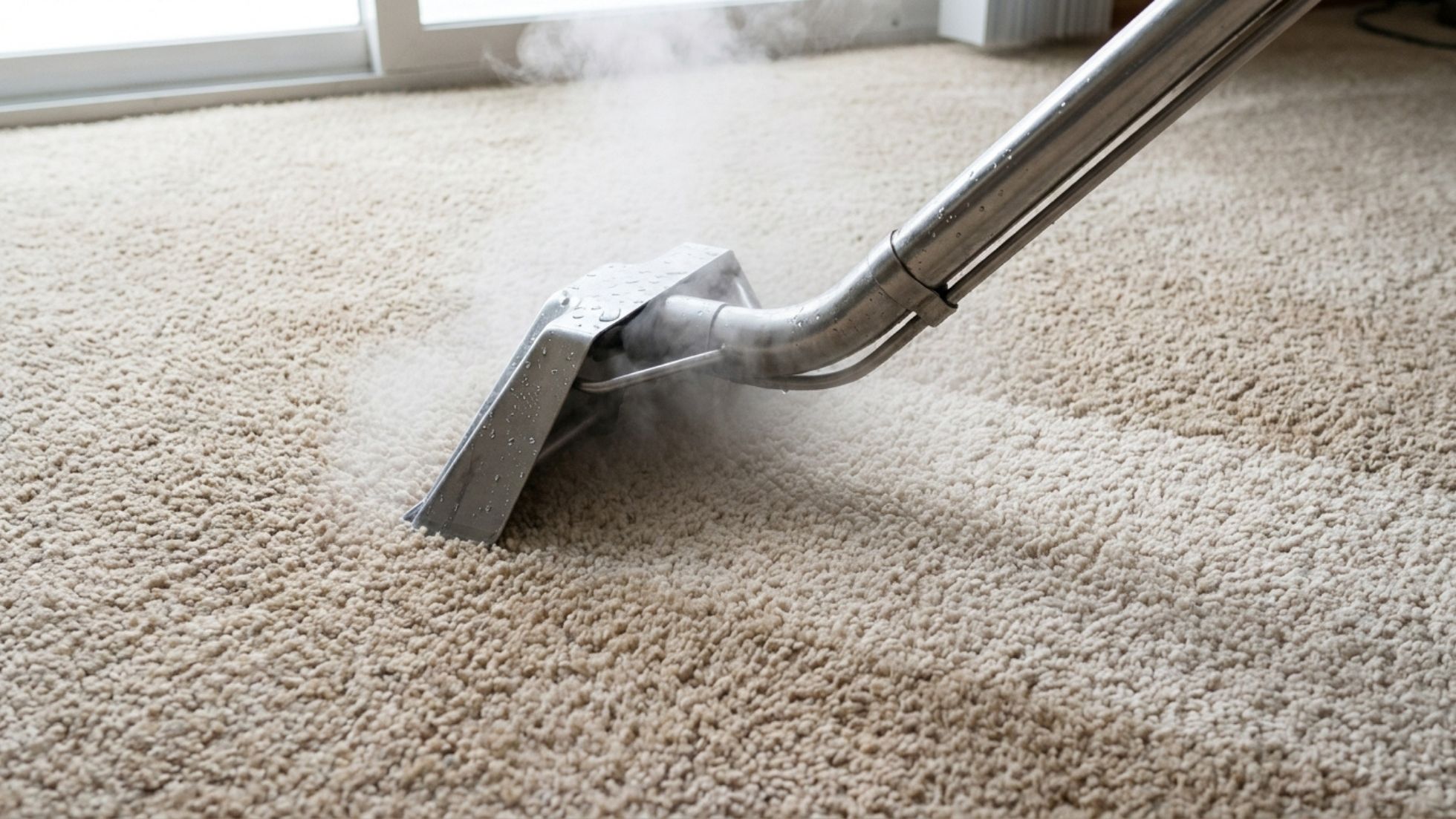 Professional deep steam carpet cleaning with hot water extraction, removing stains from beige carpet near window.