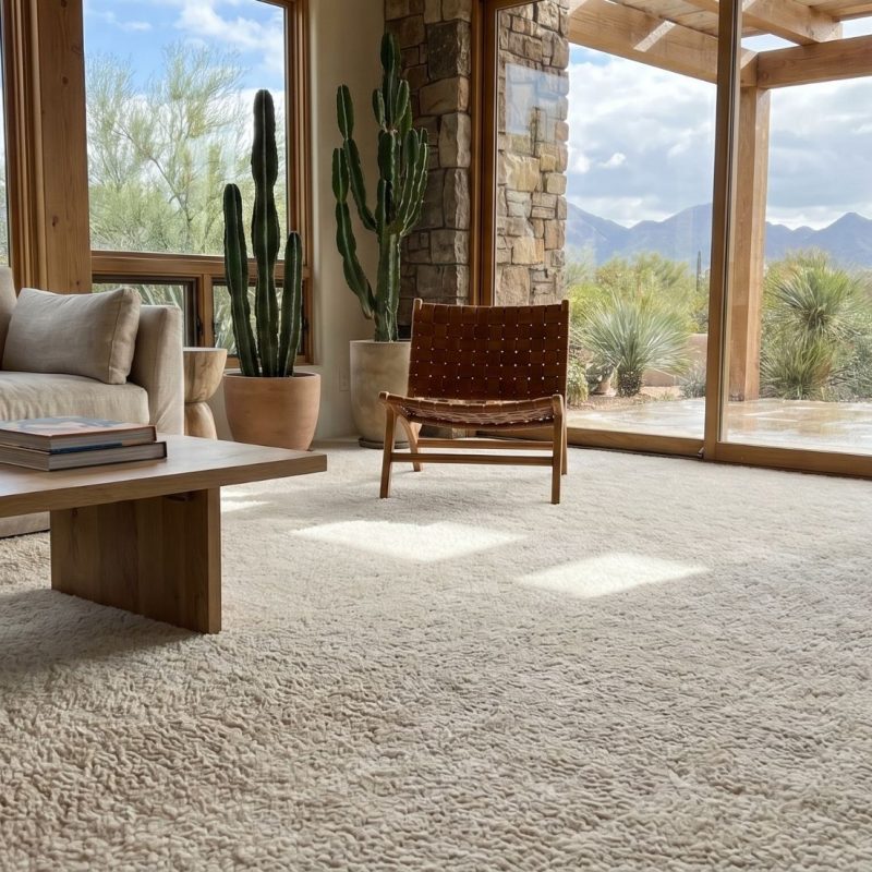 Desert modern living room with large windows, cacti, beige sofa, wood coffee table, woven chair, mountain view, natural light