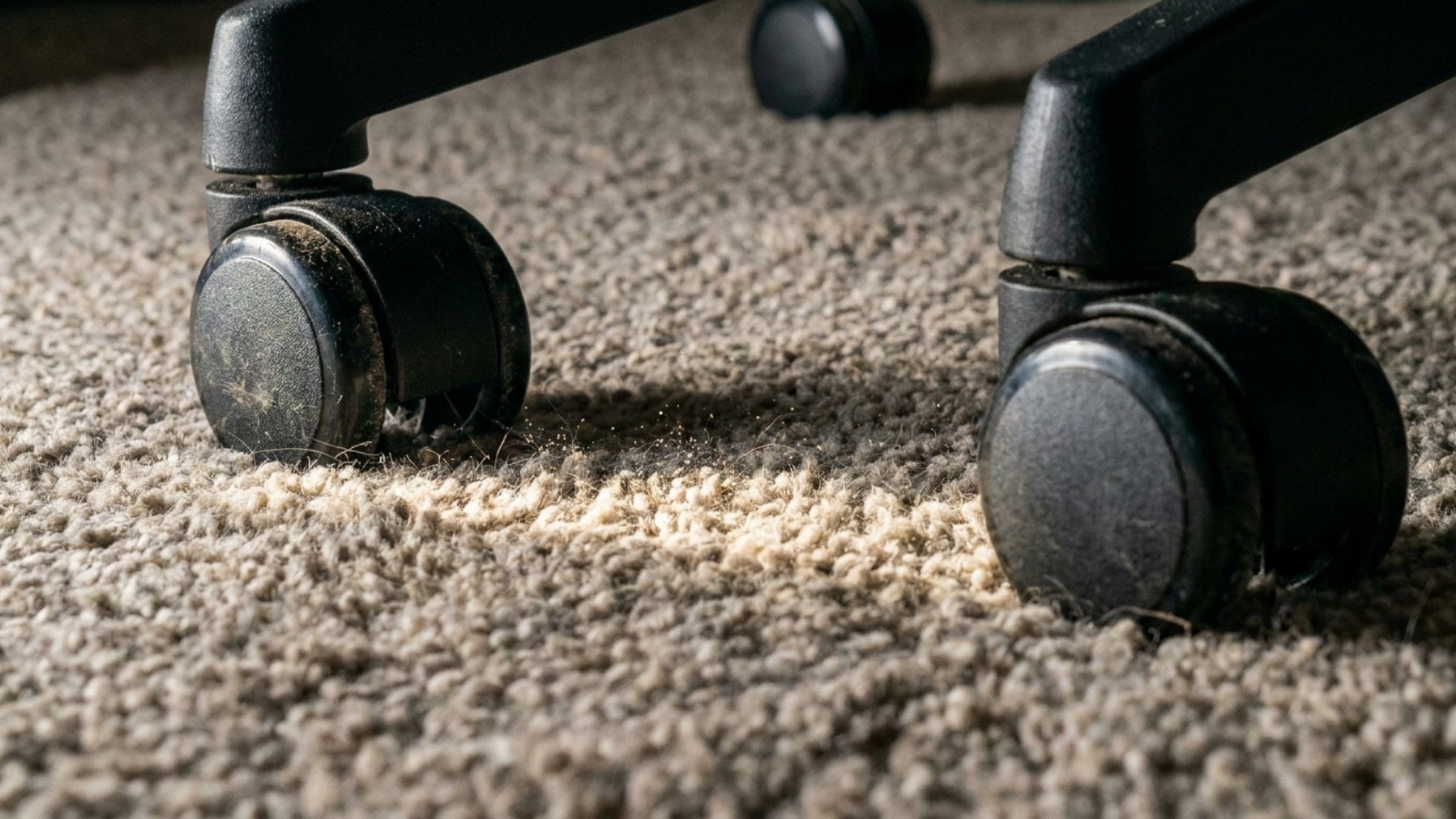 Office chair wheels on carpet showing dents and dust, close-up of casters that can damage rugs without a chair mat.