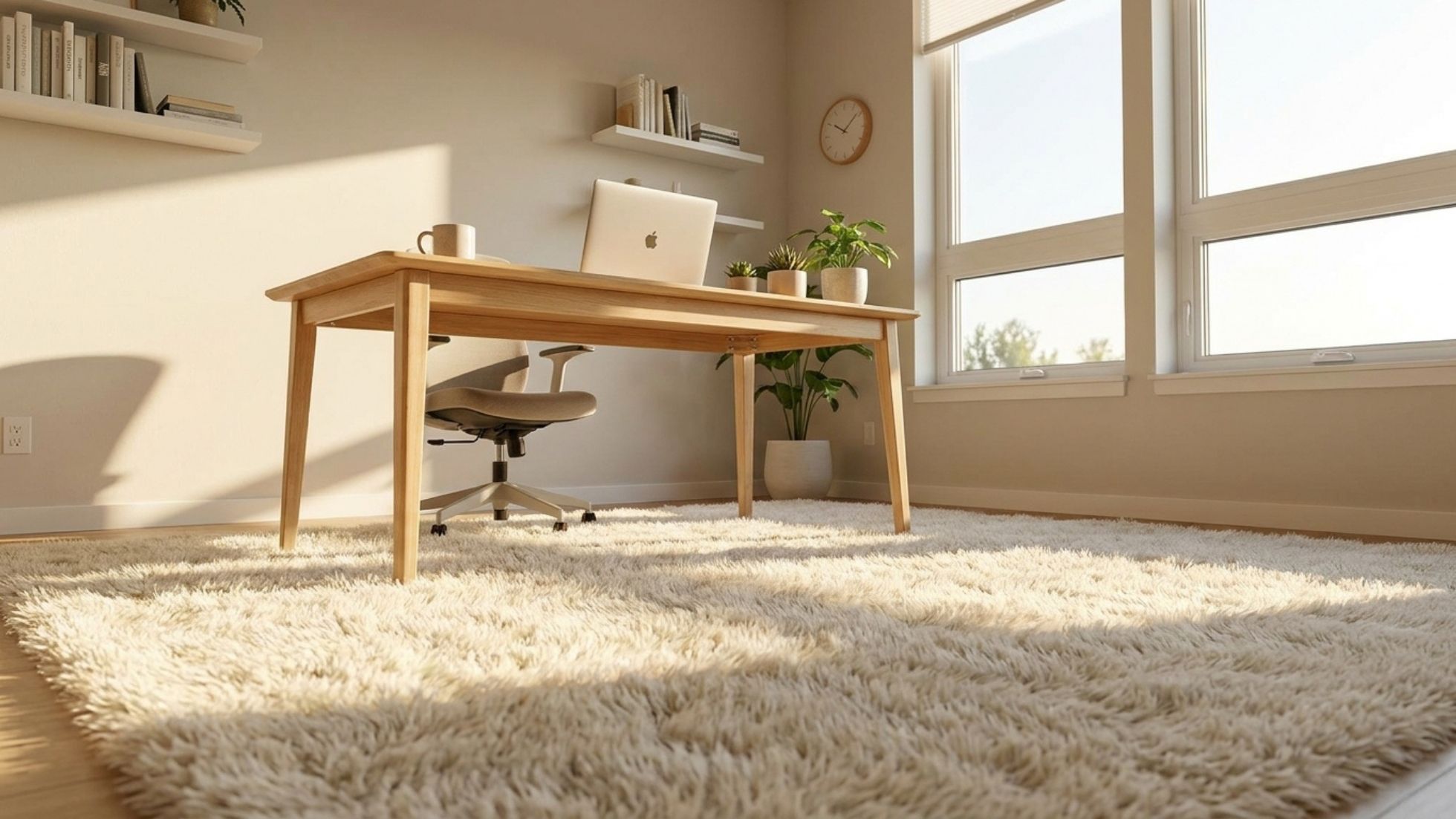 Sunlit minimalist home office with wood desk, ergonomic chair, laptop, plants and large windows on a plush shag rug.