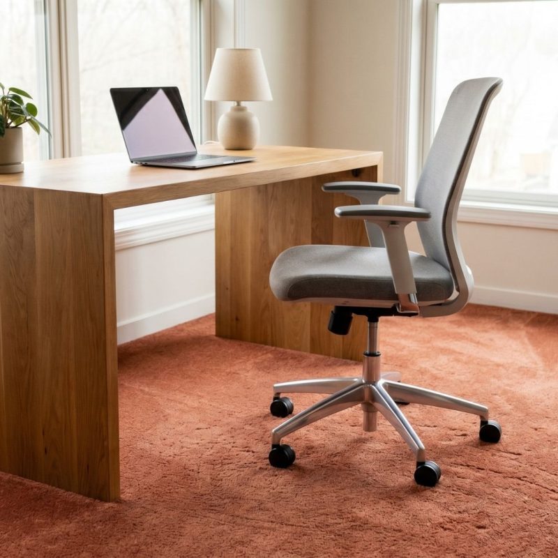 Sunlit home office with solid wood desk, ergonomic gray chair, laptop, plant and lamp by large windows