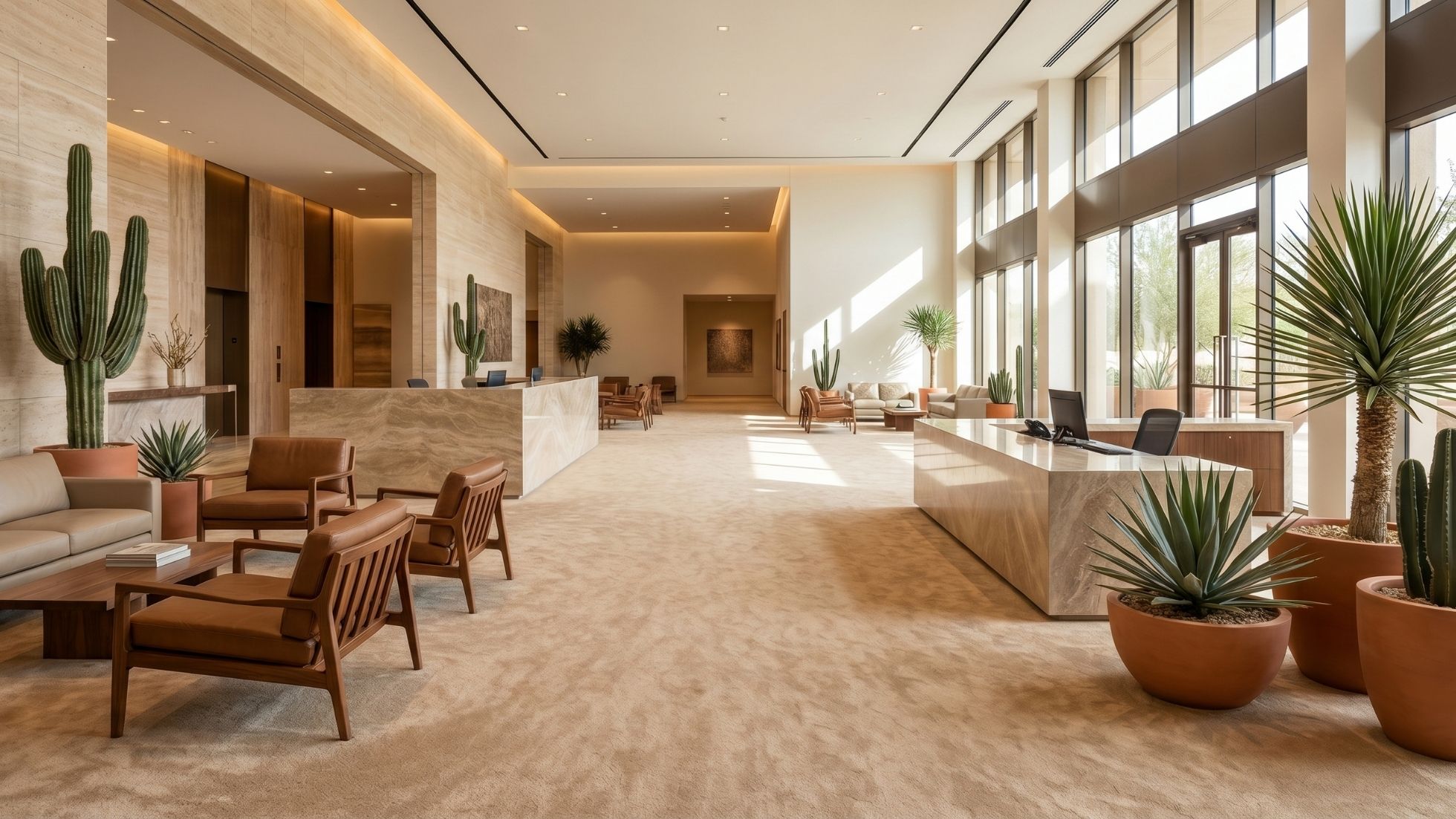 Modern desert-inspired office lobby with marble reception, leather seating, cacti planters, and floor-to-ceiling windows