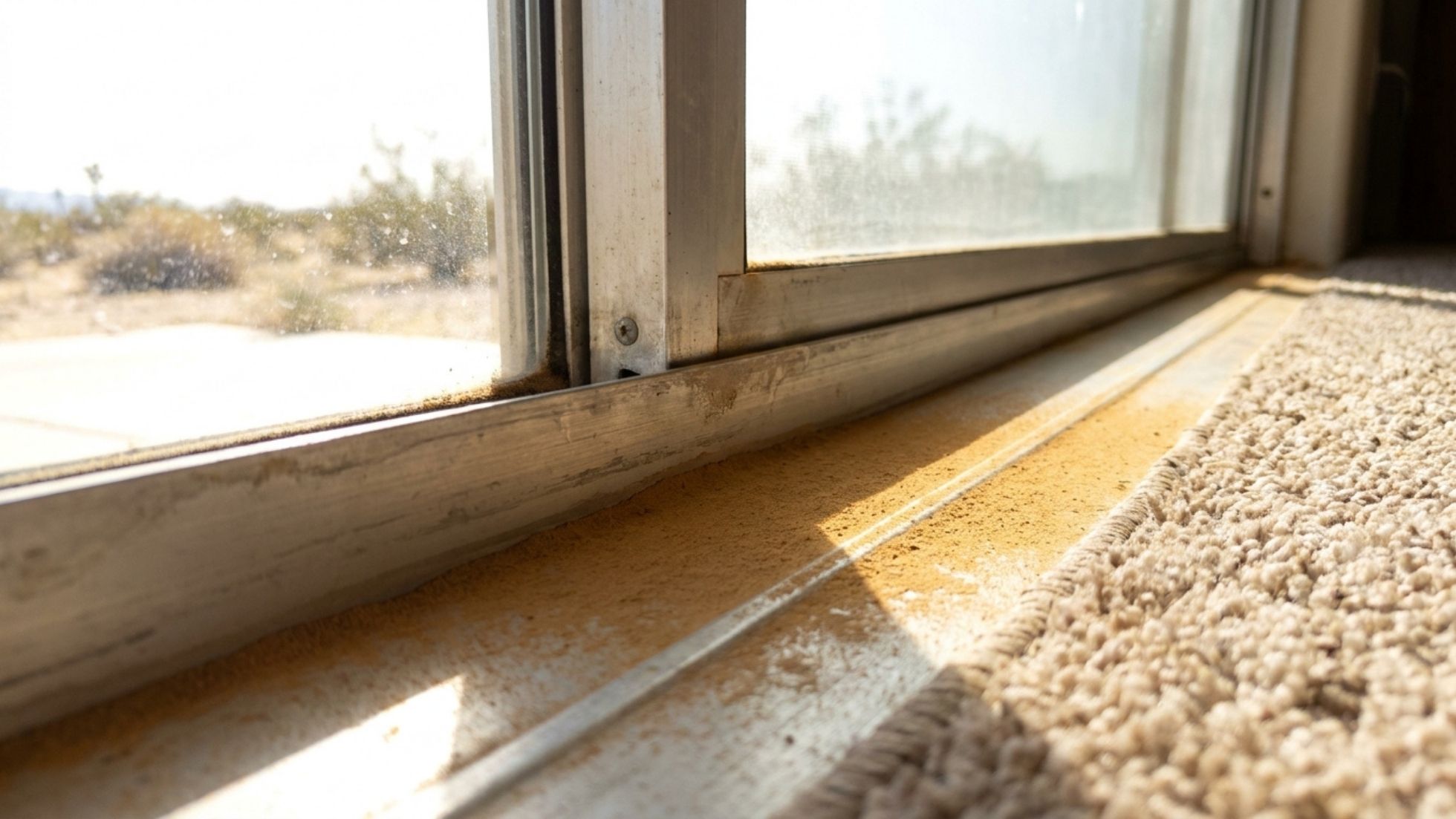 Dusty sliding glass door track with sand buildup by carpet, close-up of window track needing cleaning and maintenance