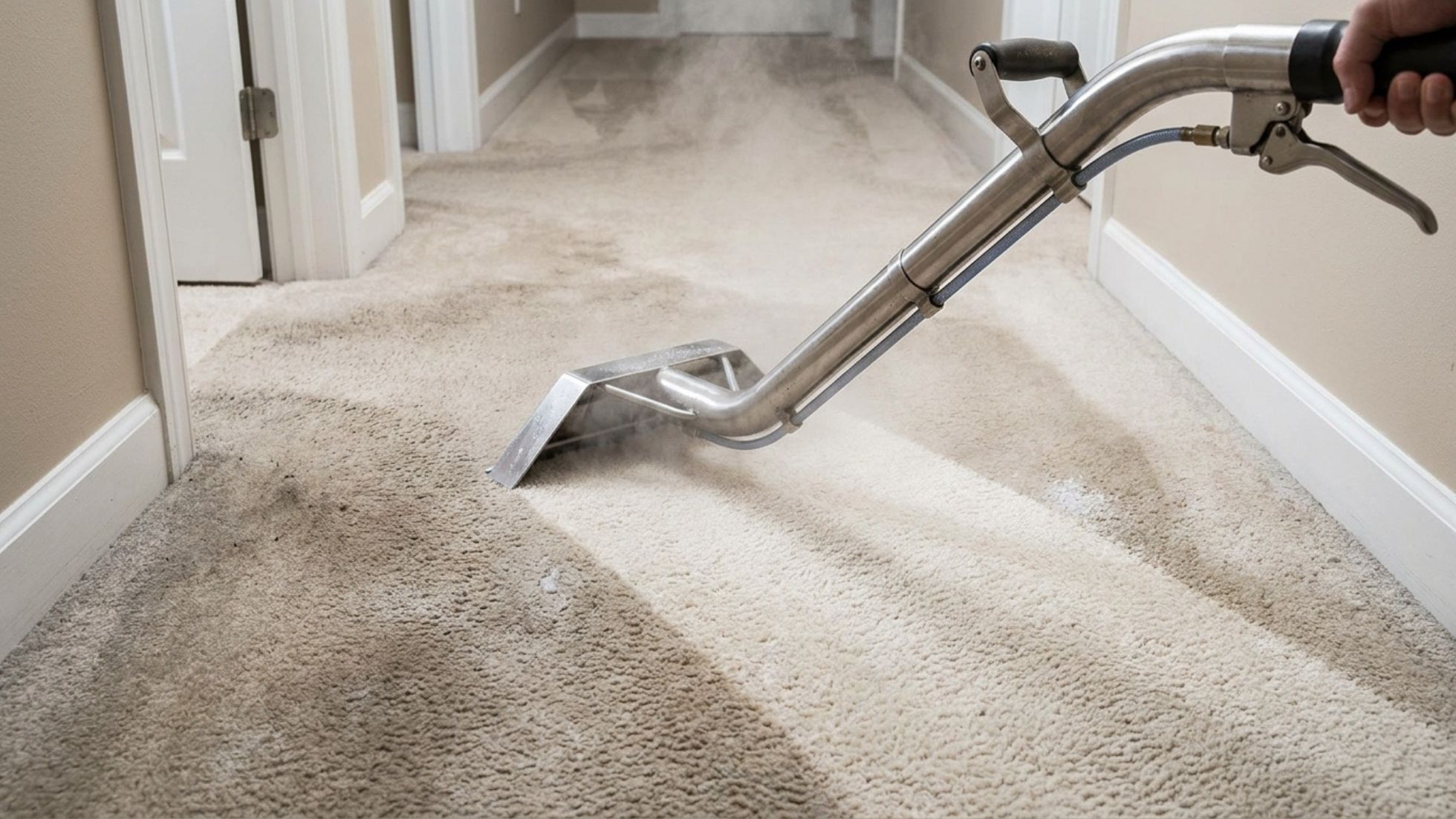 Professional carpet steam cleaning in hallway, hot water extraction shows before-and-after clean path.
