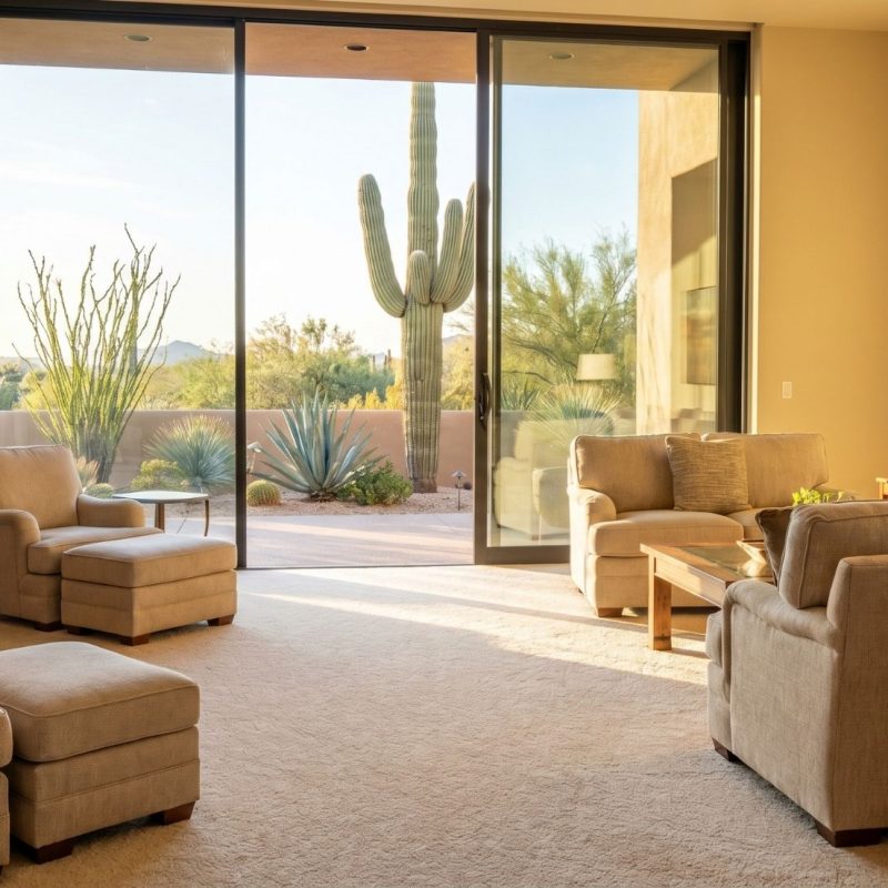 Modern desert living room with floor-to-ceiling sliding glass doors, beige sofas, and saguaro cactus view
