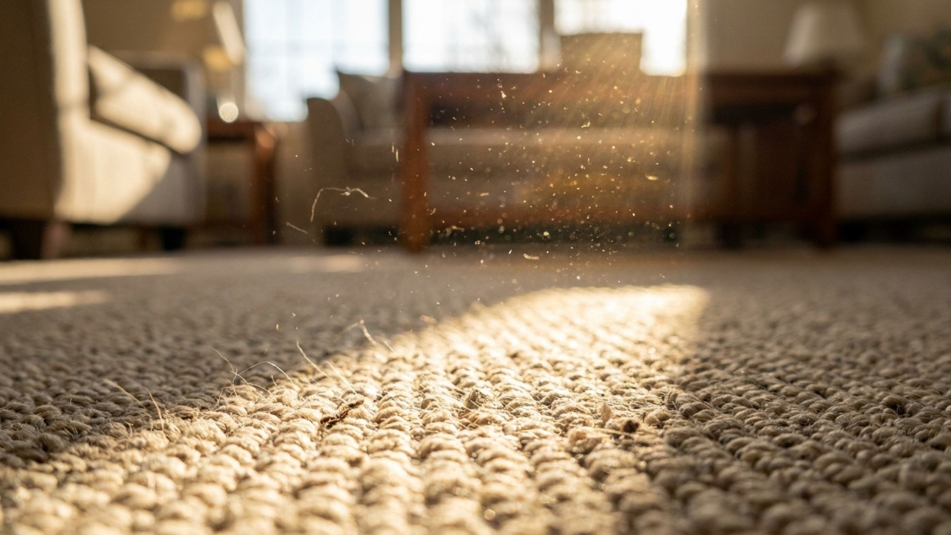 Sunlit living room carpet with dust particles and pet hair, close-up showing need for deep carpet cleaning.