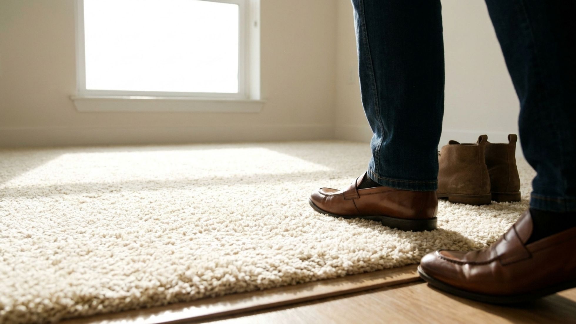 Person in brown loafers stepping from hardwood to plush beige carpet in sunlit room - cozy home flooring transition