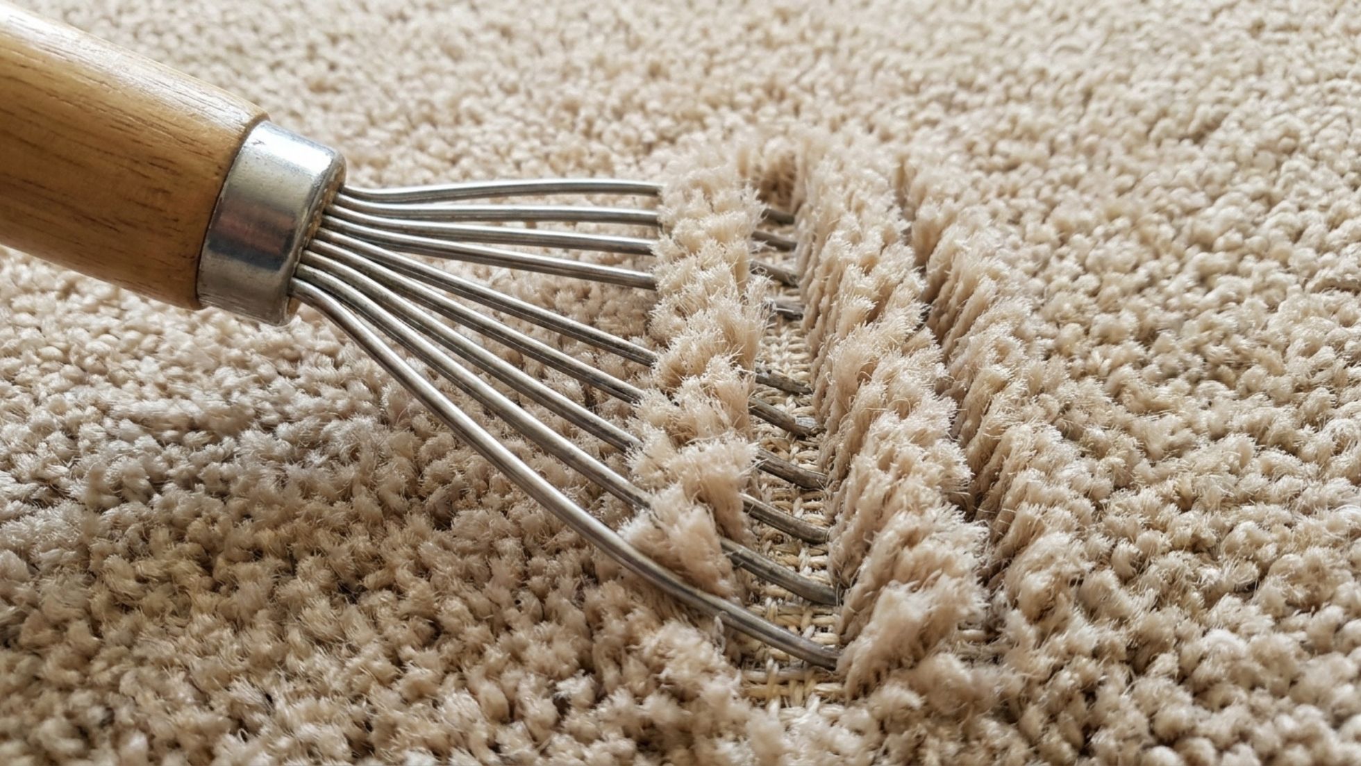 Close-up carpet rake grooming beige carpet, lifting matted fibers and restoring pile during deep cleaning